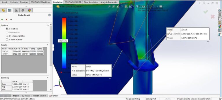 Color contour plot of a finite element analysis in SOLIDWORKS showing von Mises stress on a structural component, with two probe points labeled by node number, coordinates, and stress values alongside a legend bar from low (blue) to high (red).