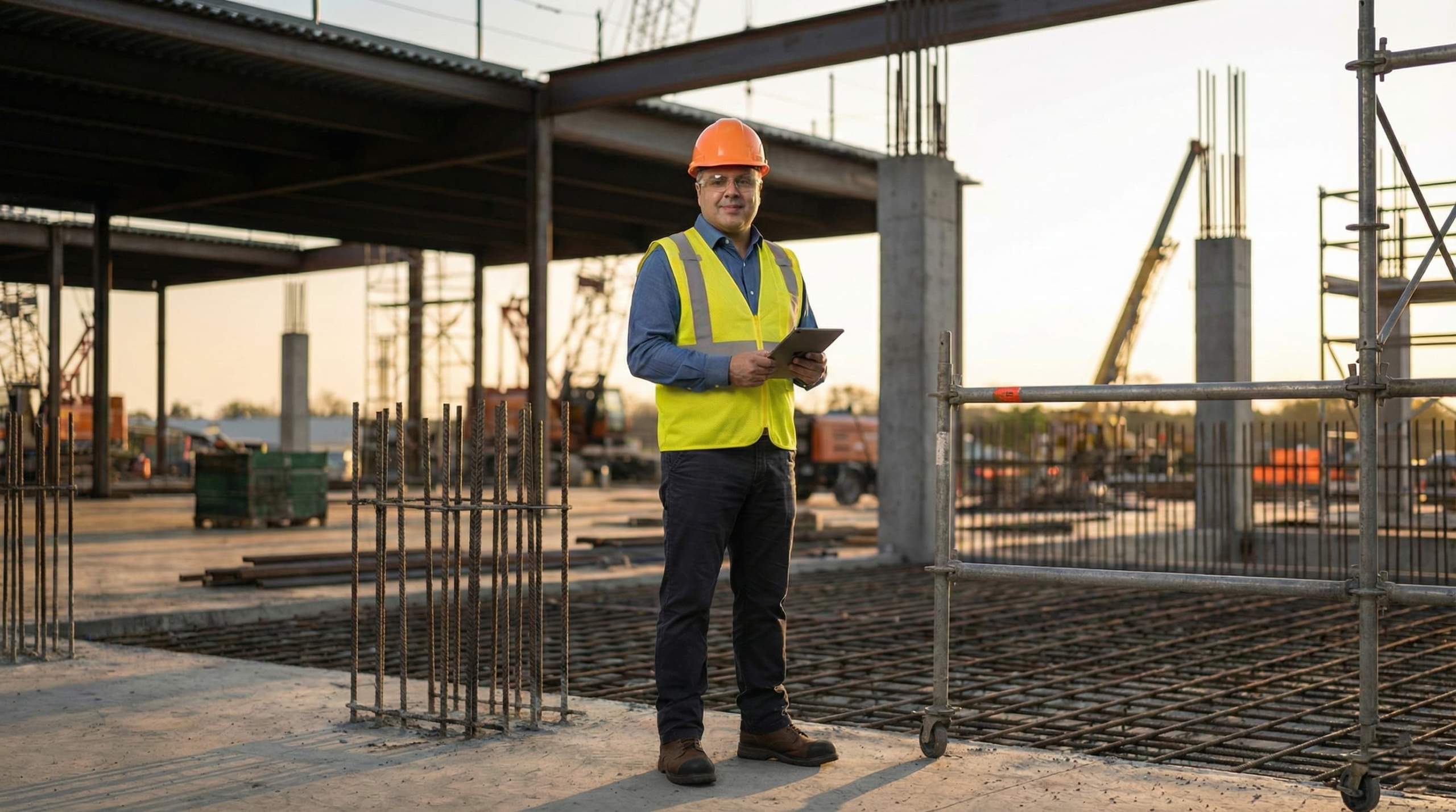 Masood Keneshloo wearing an orange hard hat and yellow safety vest standing on a reinforced concrete slab at a construction site, holding a tablet in front of exposed steel rebar and concrete columns at sunset.