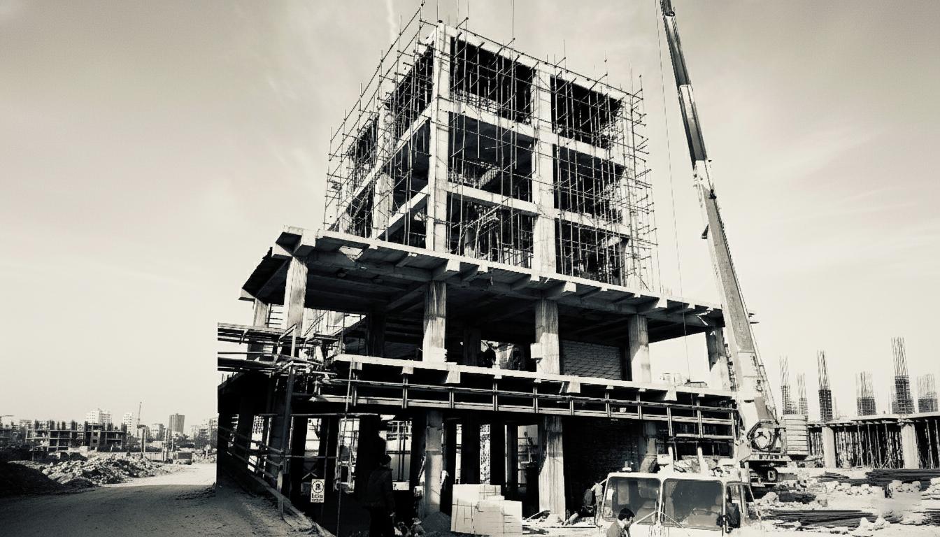 Black-and-white photo of a multi-story reinforced concrete building under construction, surrounded by dense scaffolding, with a mobile crane and workers operating at ground level.
