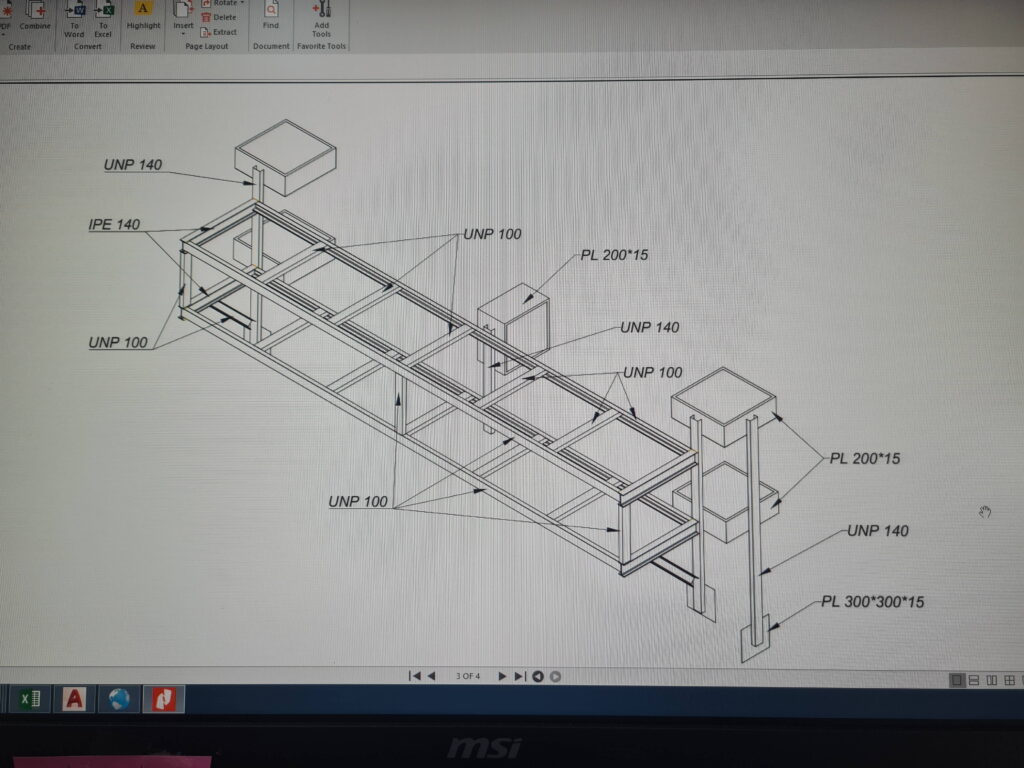 A 3D CAD technical isometric drawing showing structural steel specifications like UNP 140 and IPE 140.