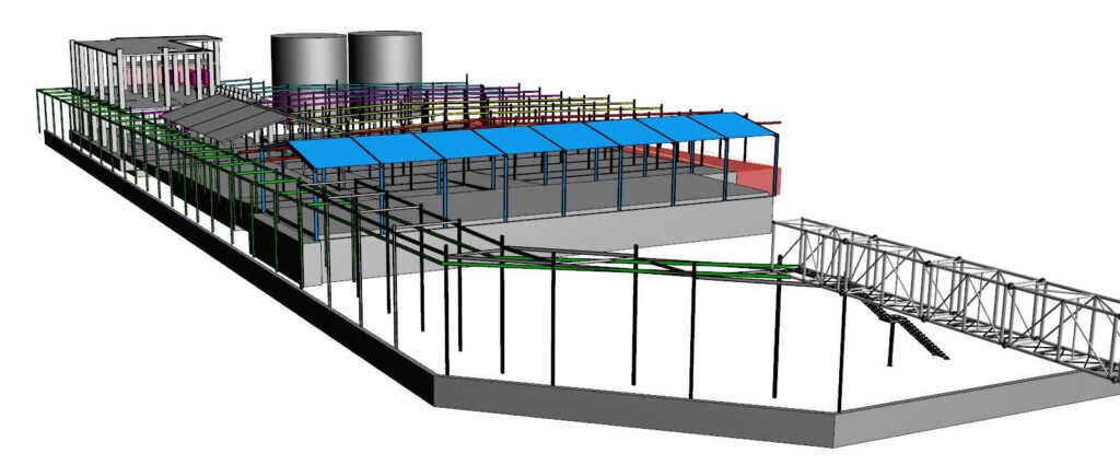 A 3D digital model of the entire chemical plant showing pipe racks, blue roofs, and storage tanks.