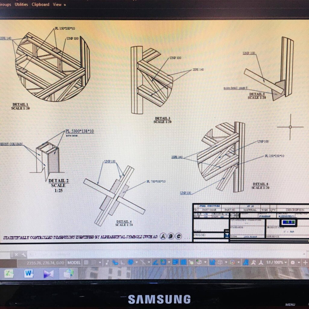 Multiple CAD detail views (Detail 1-6) of steel beam-to-column connections.