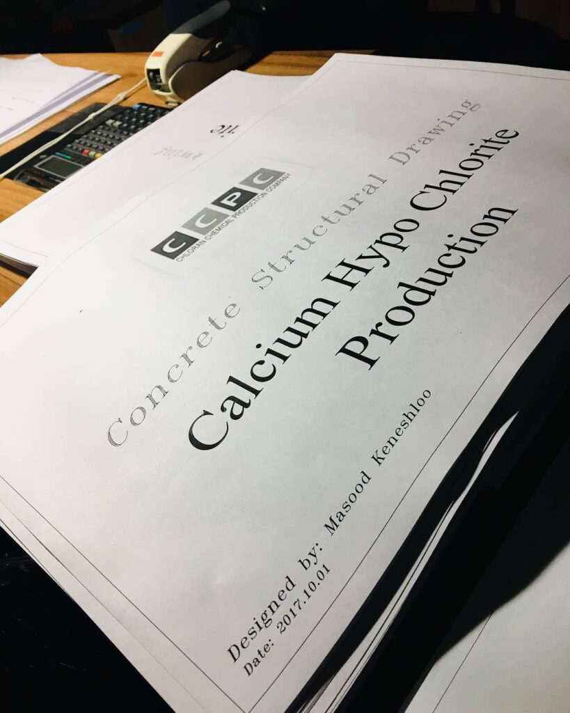 Project document cover titled "Calcium Hypochlorite Production" designed by Masood Keneshloo.