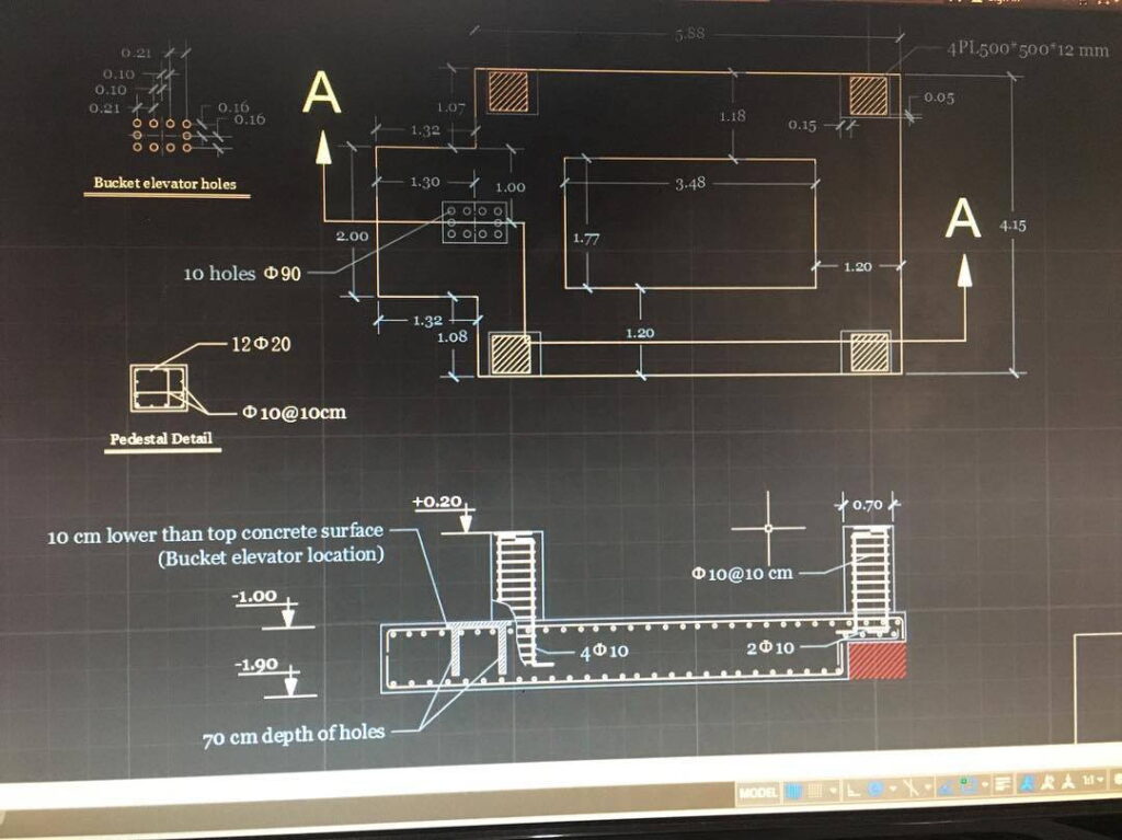 CAD drawing of concrete foundation pedestals and bucket elevator locations.