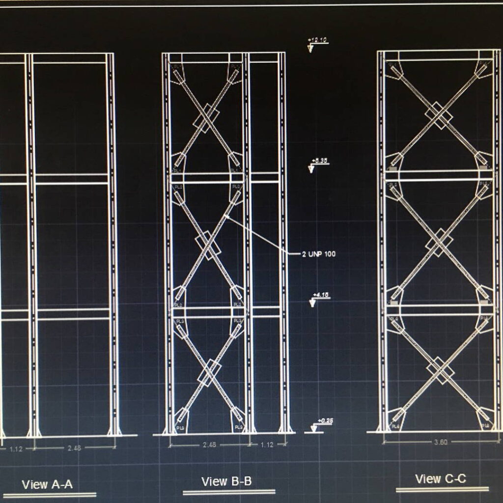 CAD elevation views (A-A, B-B, C-C) showing X-bracing in a steel tower.