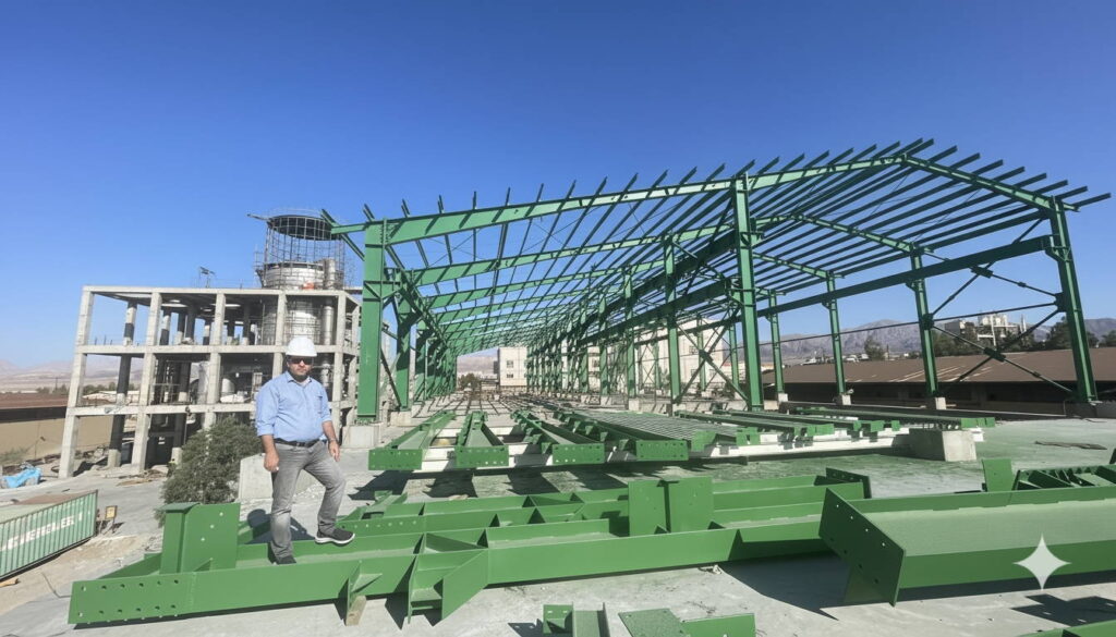 Masood Keneshloo standing in front of a massive green-painted steel warehouse skeleton.