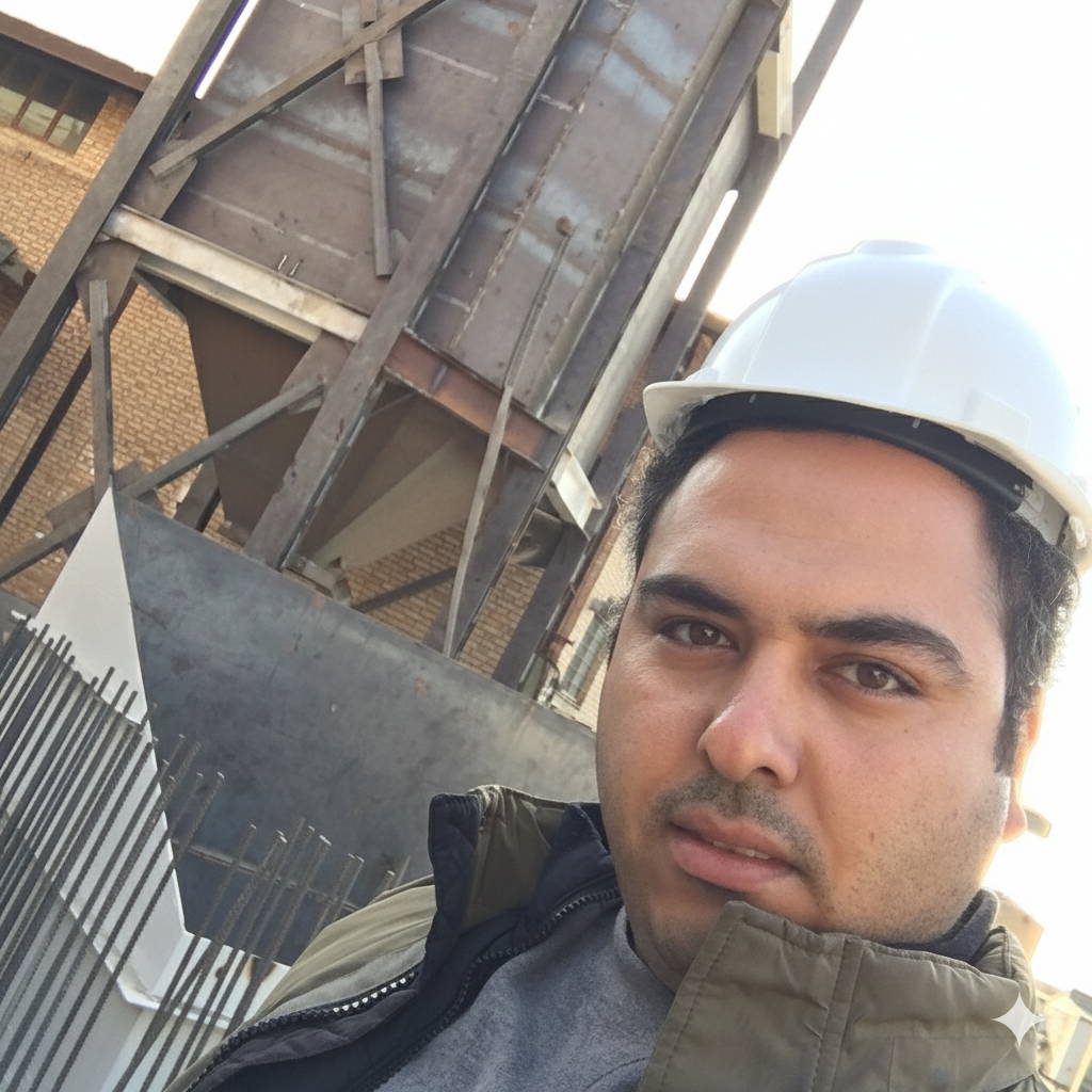 Selfie-style photo of Masood Keneshloo in a hard hat with a large steel silo in the background.